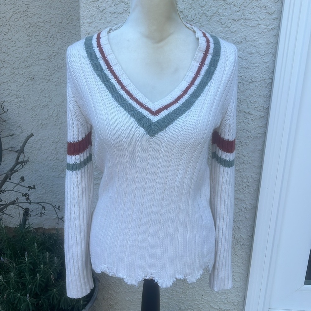 One Grey Day Women's Orange Grey Striped V-Neck Wool Blend Sweater Size XS